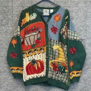 CAPE ISLE KNITTERS Cardigan Sweater Women's Large Hand Knit Patchwork Autumn